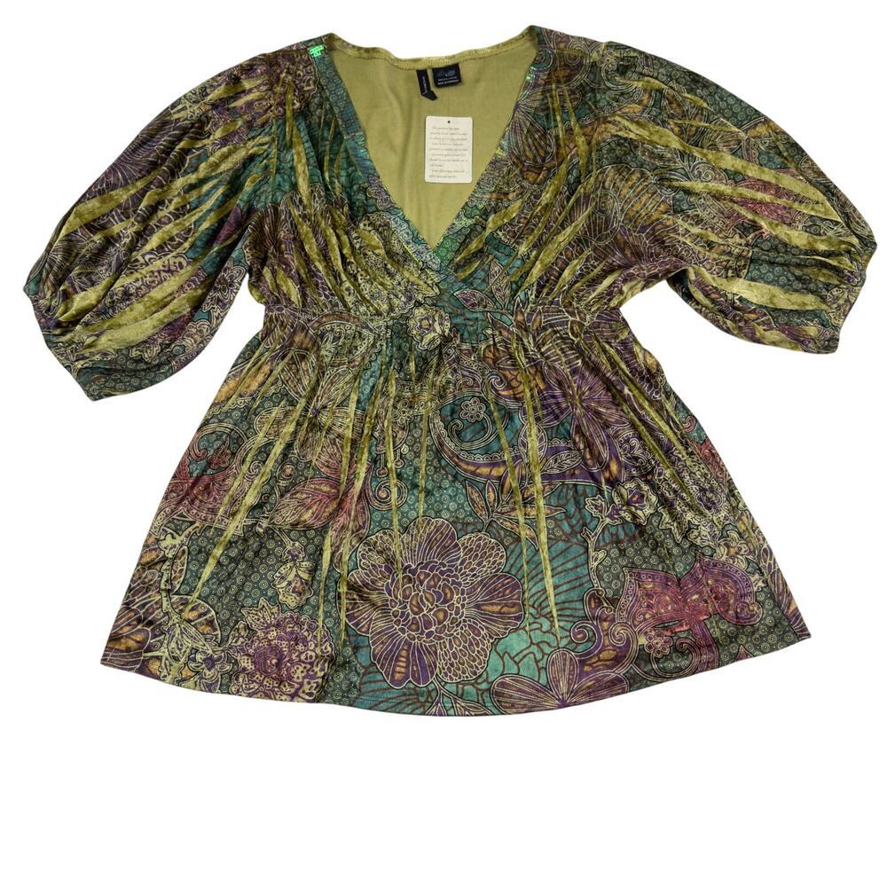 New Directions Boho Hippie Artsy Velvet Ballon 3/4 Sleeve Blouse Women's Size L
